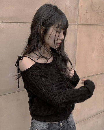 D’lzu One Shoulder Off Ribbon Boucle Knit